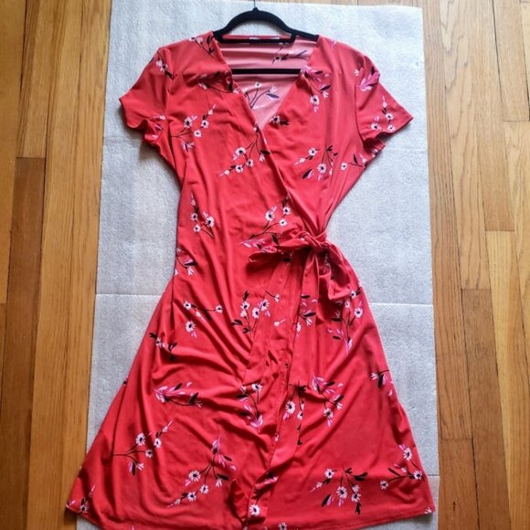 Mango MNG Orange Red Floral Wrap Dress, 6 - Picture 3 of 8